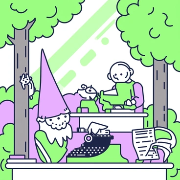 A vintage gnome with a long white beard is sitting at a wooden desk in a woodland setting. He is focused on writing news articles on an old-fashioned typewriter. The typewriter has a green base and purple keys, and several sheets of paper are scattered around the desk. Surrounding the gnome are tall trees with thick trunks and dense foliage, creating a cozy atmosphere. Sunlight filters through the leaves, casting dappled shadows on the ground. A small notebook and a green pencil are also placed on the desk beside the typewriter. A curious squirrel peeks from behind a tree, observing the gnome intently.