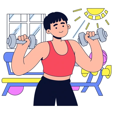 A person with short black hair is lifting a silver dumbbell with both hands. The person is wearing a fitted red tank top and black workout shorts. Their muscles are defined, showing strength. The background features bright gym equipment, including weight benches and exercise balls. Sunlight streams in through large windows, illuminating the scene and highlighting the determination on the person's face.