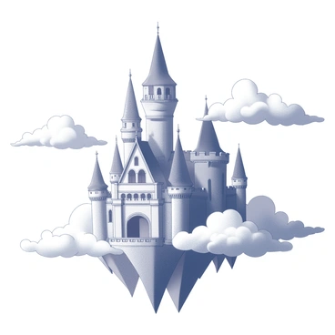 A large castle with tall, pointed towers and intricate architectural details is suspended in the air. The structure is surrounded by soft, fluffy clouds that billow around it, creating a sense of whimsy. The sky is expansive and bright, with a variety of cloud formations adding depth to the scene. The castle features large arched windows and a grand entrance, highlighting its majestic design.