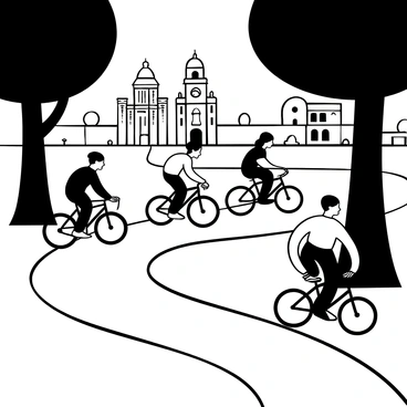 A group of cyclists riding along a winding path in a scenic setting, with large, leafy trees lining either side of the route. Elegant architectural buildings, characterized by their distinct shapes and intricate details, rise in the background. The cyclists are clad in athletic wear, showing various postures as they pedal forward. Sunlight filters through the branches, casting shadows on the ground. A couple of bicycles rest against a tree, adding to the dynamic scene.