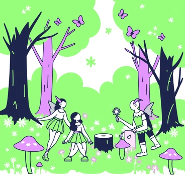 A dense forest filled with towering trees and lush underbrush. Sunlight filters through the leaves creating dappled patterns on the forest floor. In the foreground, a small clearing reveals a group of fairies with delicate wings, each one glowing softly. Nearby, a small elf with pointed ears and a leafy outfit stands beside a tree stump, holding a sparkling wand. Various mushrooms and flowers dot the ground, adding to the enchanting atmosphere. Above, colorful butterflies flit between the branches, enhancing the magical quality of the scene.