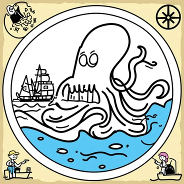 A kraken, depicted with long, twisting tentacles emerging from the ocean waves. The creature has large, expressive eyes and a gaping mouth filled with sharp teeth. The ocean surrounding the kraken is illustrated with swirling currents and smaller fish, while ships are seen in the distance, with sailors pointing in surprise. The entire scene is framed by ornate cartographic elements, including a compass rose and aged parchment texture.