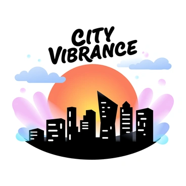 A city skyline is silhouetted against a vibrant sunset sky filled with gradient pastel colors transitioning from deep orange at the horizon to soft pink and lavender hues above. The buildings vary in height and design, creating a dynamic outline against the colorful backdrop. Some windows of the skyscrapers are illuminated, adding small patches of light to the scene. Above the skyline, abstract clouds float gently, reflecting the colors of the sunset. The words “CITY VIBRANCE” are prominently displayed in bold, stylized text at the top of the cover.