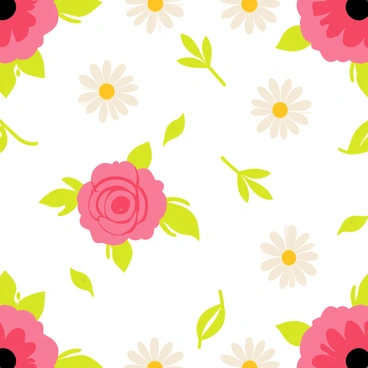 A seamless floral pattern design featuring red roses with delicate petals, white daisies with bright yellow centers, and lush green leaves. The roses and daisies are arranged harmoniously throughout the design, creating a balanced composition. The colors are soft pastel shades, with gentle pinks, light yellows, and pale greens, providing a soothing visual appeal. The pattern repeats seamlessly, allowing for a continuous flow of flowers and foliage.