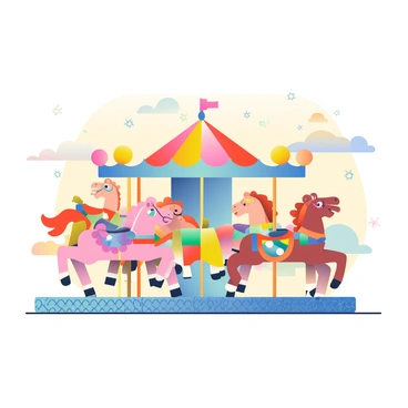 A vintage carousel is in the center of the image, with ornate horses painted in bright colors, displaying intricate designs on their saddles and manes. Surrounding the carousel are colorful lights twinkling as dusk settles in the background, casting a warm glow. The horses are in mid-gallop, some with their heads raised high, while others have their mouths open, creating a lively scene. The carousel itself has a decorative canopy with patterns, and beneath it, a patterned platform adds to the charm of the scene. The sky above transitions from soft oranges to deep blues, creating a beautiful contrast with the lights.