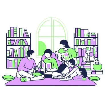 A cozy library setting with bookshelves filled with an array of colorful books. In the center, several volunteers are sitting on a soft rug, reading stories to children who are eagerly listening. One volunteer is leaning forward, animatedly showing pictures from a book. Nearby, a stack of books is arranged, and a small table hosts a few reading props like puppets. Sunlight streams through a window, casting a warm glow over the scene, and a few plush cushions are scattered around for comfort.