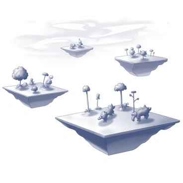 A landscape featuring multiple floating islands suspended in the air. Each island has a diverse array of vegetation, with trees and plants growing at odd angles. The sky above is filled with swirling patterns, creating a sense of movement and depth. Whimsical creatures, resembling small mythical animals, are trotting across the terrain of the islands. Some of these creatures have elongated limbs and unique features, while others have exaggerated forms. The overall composition captures the interplay between the islands and the creatures as they interact with the unusual environment.