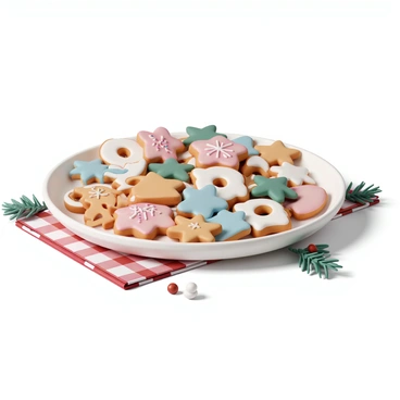 A large, round platter made of white ceramic, filled with an assortment of holiday-themed cookies. The cookies include intricate shapes such as "gingerbread men", "snowflakes", "stars", and "candy canes", each decorated with colorful icing and sprinkles. The platter is adorned with a red and green checkered cloth underneath, and there are a few festive decorations, like small pine branches and red berries, scattered around the edge of the platter. The scene is bright and inviting, capturing the essence of a holiday celebration.