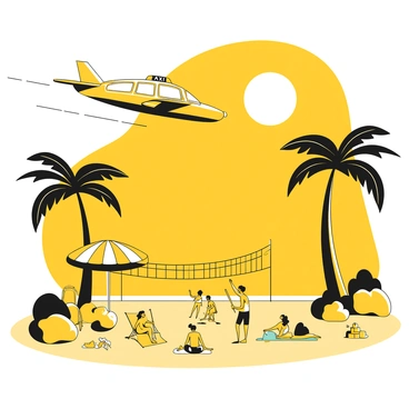 A flying taxi flying over a sunlit beach with people relaxing below