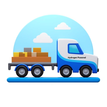 A hydrogen-fueled truck designed for transporting goods. The truck features a sleek, aerodynamic body with a vibrant blue and white color scheme. Its trailer is loaded with various cargo, showcasing its capacity for heavy transport. The truck is positioned on a modern highway with clear skies in the background. "Hydrogen Powered" is displayed prominently on the side of the truck, emphasizing its eco-friendly technology. The wheels are large and robust, indicating durability and strength.