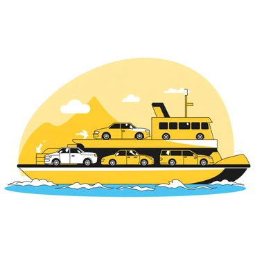 A ferry is loaded with several cars lined up in rows on its deck. The ferry is navigating through clear waters, with gentle waves lapping against its sides. In the background, a distant island is visible, partially obscured by a light mist. The sky above is bright and clear, allowing sunlight to reflect on the water's surface. The cars are of various models and colors, representing different makes, parked neatly on the ferry as it makes its journey across the sea.