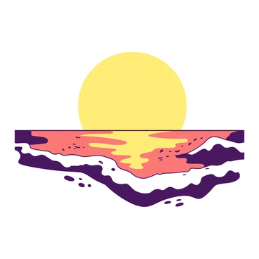 A large sun is setting on the horizon, casting a warm golden glow over a calm ocean. The waves are gently lapping against each other, reflecting the light from the sun. The water appears smooth, with small ripples catching the golden hue. The sky is filled with soft shades transitioning as the sun descends, illuminating the scene with a serene atmosphere.