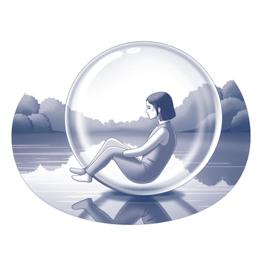 A person is enclosed within a large, transparent bubble, which is floating gently above a calm lake. The bubble appears glossy, reflecting the surrounding scenery including the soft ripples of the lake's surface. The individual inside the bubble is seated, with a look of curiosity or wonder on their face. They have their arms resting on their knees, gazing down at the water below. Surrounding the bubble, the lake is framed by lush greenery and trees, which cast soft shadows on the water. The overall scene conveys a sense of peacefulness and tranquility.