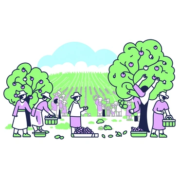 A group of farmers is picking "amla" fruits in an expansive orchard. The orchard features numerous "amla" trees with plentiful green leaves and small round fruits. The farmers are wearing straw hats and traditional clothing while carefully selecting the fruits. In the background, rows of trees stretch towards the horizon under a "clear blue sky." Some farmers use baskets to collect the fruits, while others are reaching high into the branches. The ground is covered with fallen leaves and a few amla fruits that have dropped.