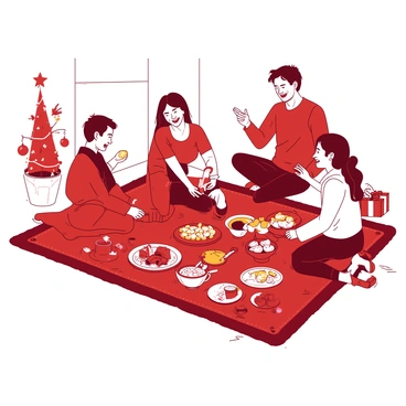 A red decorative rug is spread across the floor, where a family is gathered for a festive holiday celebration. Various family members are seated around the rug, sharing laughter and enjoying each other's company. In the center of the rug, there is a spread of colorful dishes filled with holiday treats and snacks. The atmosphere is warm and inviting, with bright decorations adorning the room. Some family members are exchanging gifts, while others are engaged in animated conversation.
