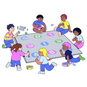 A group of children is drawing a hopscotch game on a gray sidewalk using colorful chalk. The hopscotch layout features numbers from one to eight in various bright colors such as pink, blue, and yellow. The children are sitting on the ground, some are holding pieces of chalk in their hands, and others are actively coloring in the squares. The scene captures their playful expressions as they create the game, with some chalk dust visible around them. In the background, there are hints of green grass and a few scattered toys.