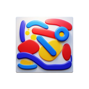 A large illustration board displaying an abstract painting. The painting features bold colors including deep reds, vibrant blues, and bright yellows. Various shapes and forms are intermingled, creating a dynamic composition. The paint appears thick and textured, emphasizing the intensity of the colors used. Light reflects off the surface, highlighting the brush strokes and creating a sense of depth.