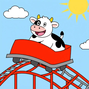 A cartoon-style cow with black and white spots is sitting in a red rollercoaster car. The cow has big, bright eyes and a wide joyful smile, showing its excitement. Its ears are perked up, and it has a pink tongue sticking out as the rollercoaster climbs up. The background features a blue sky with fluffy white clouds and a sun shining brightly. The rollercoaster tracks twist and turn dramatically, and the car is elevated high above the ground, adding to the thrill of the scene.