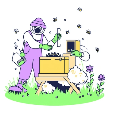 A beekeeper wearing a protective suit is carefully tending to a hive in a sunny outdoor setting. The beekeeper is inspecting the hive, using a smoker in one hand and a frame filled with honeycomb in the other hand. Surrounding the hive are numerous buzzing bees flying around, some landing on the frames. In the foreground, vibrant wildflowers are blooming, adding color to the scene. The hive is placed on a wooden stand, and there is a grassy area around it, enhancing the natural setting.