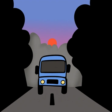 A blue bus is slowly emerging from a thick evening mist on a quiet country road. The bus has round headlights glowing softly against the grayish backdrop of the fog. The road is bordered by tall, shadowy trees that partially obscure the view, creating an atmosphere of mystery. The ground is slightly wet, reflecting the dim light from the bus, and the sky above is painted in deep shades of purple and blue as the sun sets in the distance.