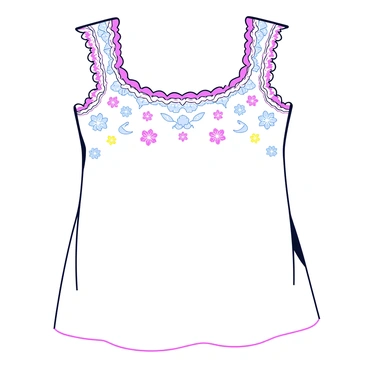 A close-up view of a chemise showcasing its delicate lace fabric. The lace features intricate floral patterns along its edges, with fine threads weaving together to create a beautiful texture. Detailed embroidery can be seen adorning the fabric, highlighting various motifs and designs in soft colors. The background is softly blurred, emphasizing the beauty of the lace and embroidery.