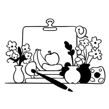 A still life setup on a 1/3 illustration board, showcasing a variety of fruits including apples, bananas, and grapes arranged neatly. Surrounding the fruits are several flowers in vases, adding elegance to the composition. A paintbrush rests against the board, and a palette with various shades can be seen next to it. The scene captures the essence of an artist's workspace focused on a vibrant natural display.