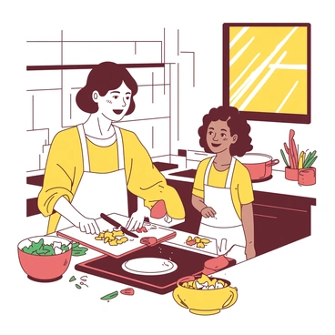 A yellow tutor with a warm smile is standing beside a student in a white apron in a cozy home kitchen. The tutor is demonstrating how to slice vegetables on a wooden cutting board, while the student attentively watches and holds a knife in their right hand. On the stove, there is a pot with simmering water and a bowl filled with colorful chopped vegetables on the counter. Sunlight is streaming through a window, illuminating the kitchen and creating a welcoming atmosphere. There are various cooking utensils and ingredients scattered around, enhancing the scene of a cooking lesson.