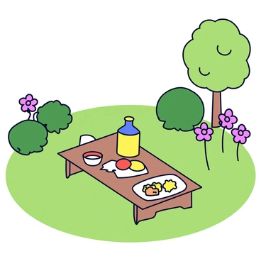 A peaceful garden setting featuring lush green grass and blooming flowers in various colors. In the center of the garden is a small wooden table with a smooth surface. On the table is a traditional sake set with a ceramic sake bottle and two small cups. Beside the sake are an assortment of colorful snacks displayed on a simple white plate. The background includes neatly trimmed bushes and a few tall trees gently swaying in the breeze.
