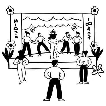 A man wearing a barong Tagalog watching a traditional Filipino dance performance at a cultural event. The dancer is dressed in a colorful traditional costume, performing with intricate movements. Several other dancers are present, showcasing different aspects of Filipino culture, while a decorated stage adorned with flowers and cultural symbols serves as the backdrop. The audience is visible, captivated by the performance, and there are large banners with Filipino motifs displayed around the venue.