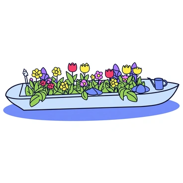 A barge transformed into a floating garden is filled with a variety of blooming flowers and vibrant green plants. The deck of the barge is lined with rows of colorful flowers in full bloom, including red tulips, yellow daisies, and purple lilacs. Surrounding the flowers are lush, leafy plants, such as ferns and ivy, cascading over the edges of the barge. The barge itself is painted a soft, light blue, and is floating gently on a calm body of water, reflecting the colors of the garden above. Small garden tools are placed neatly on one side, and a watering can sits beside a cluster of flowers.