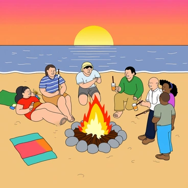 A sandy beach with a few colorful beach towels laid out. In the center, a bright campfire surrounded by a natural triangle formed by smooth, round stones. The flames are flickering brightly, casting warm light on the nearby rocks. A group of people is gathered around the fire, laughing and chatting. Some are roasting marshmallows on long, thin sticks, while others hold drinks. The sky above is a gradient of orange, pink, and purple, indicating sunset. Waves gently lap at the shore in the background.