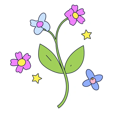 A whimsical plant with a curved green stem that gracefully arches. The leaves are vibrant and shaped like teardrops. Surrounding the plant are bright flowers, each resembling a small, colorful star or a fluffy puffball. These flowers float gently in the air, creating the illusion of wishes taking flight. The scene is bright, with a crisp white background that emphasizes the colors of the flowers.