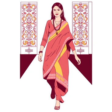 A woman is walking confidently on a runway, showcasing traditional Indian attire. She is wearing a vibrant outfit with intricate embroidery featuring traditional patterns. The garment is complemented by elegant jewelry that reflects cultural significance, including a necklace and earrings. The runway is decorated with elaborate cultural motifs in the background, enhancing the overall presentation. The woman has her hair styled neatly, and she carries a graceful pose as she moves forward.