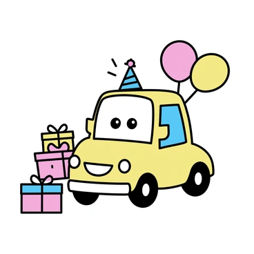 A colorful 3D cartoon car with a big smile, featuring large expressive eyes on the windshield. The car is surrounded by vibrant balloons in various shapes and colors, floating above it. There are several neatly wrapped gifts in bright paper placed beside the car, with colorful ribbons on top. Party hats are placed on the car's antenna, contributing to the festive atmosphere. The background is simple and minimalistic, allowing the car and decorations to stand out prominently.