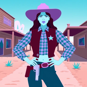 A confident female sheriff with long, wavy brown hair and a stern expression is standing in a dusty Wild West town. She is wearing a classic cowboy hat and a leather vest over a plaid shirt, with a star-shaped badge pinned on her chest. Her hands rest firmly on her hips, showcasing a polished revolver holstered on her right side. The background features rustic wooden buildings with peeling paint, a dry dirt road, and a clear blue sky overhead. A few sparse desert plants dot the landscape, and the sun casts sharp shadows, emphasizing the sheriff's strong posture.