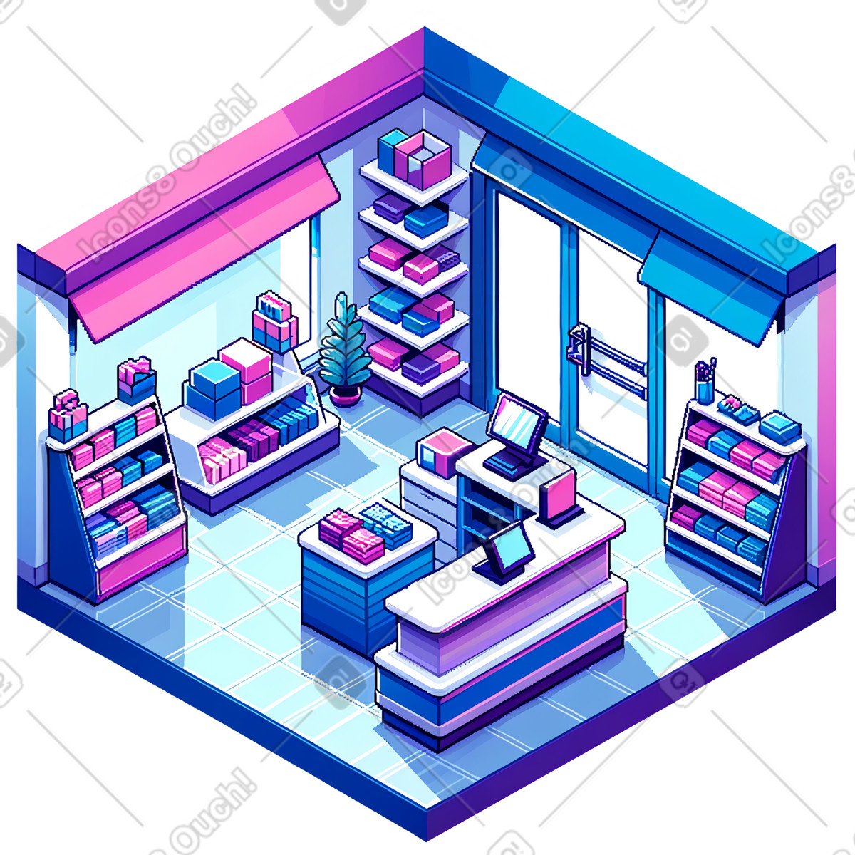 Rooms スタイルの アイソメトリックショップとレジ のイラストをPNG、SVG形式でダウンロード