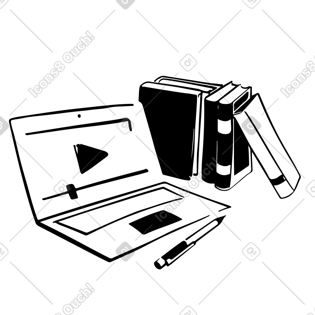 Educational workspace with laptop and books, Online learning and virtual classroom illustration in Line style download in PNG, SVG