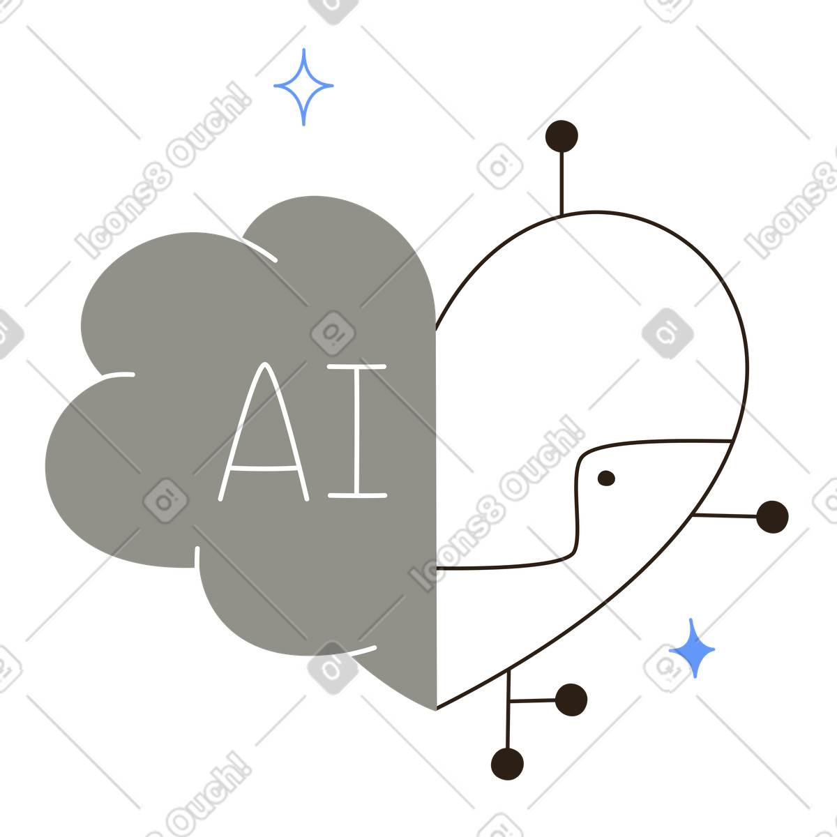 Illustration Moitié cerveau cœur avec texte ia, technologie et concept d'empathie dans le style Plain à télécharger aux formats PNG, SVG