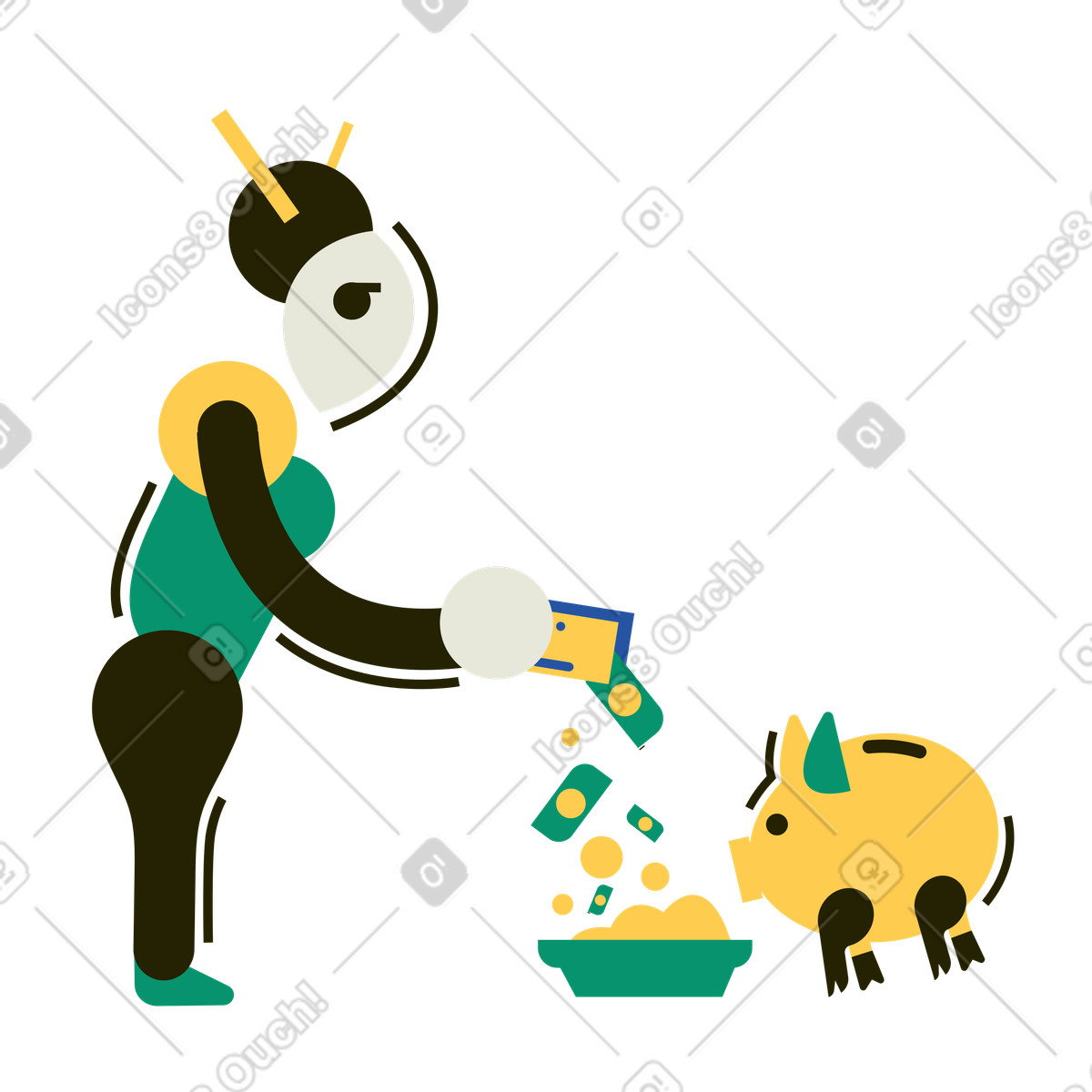 Ilustração de Mulher economizando dinheiro usando cofrinho em no estilo Spot para baixar em PNG, SVG