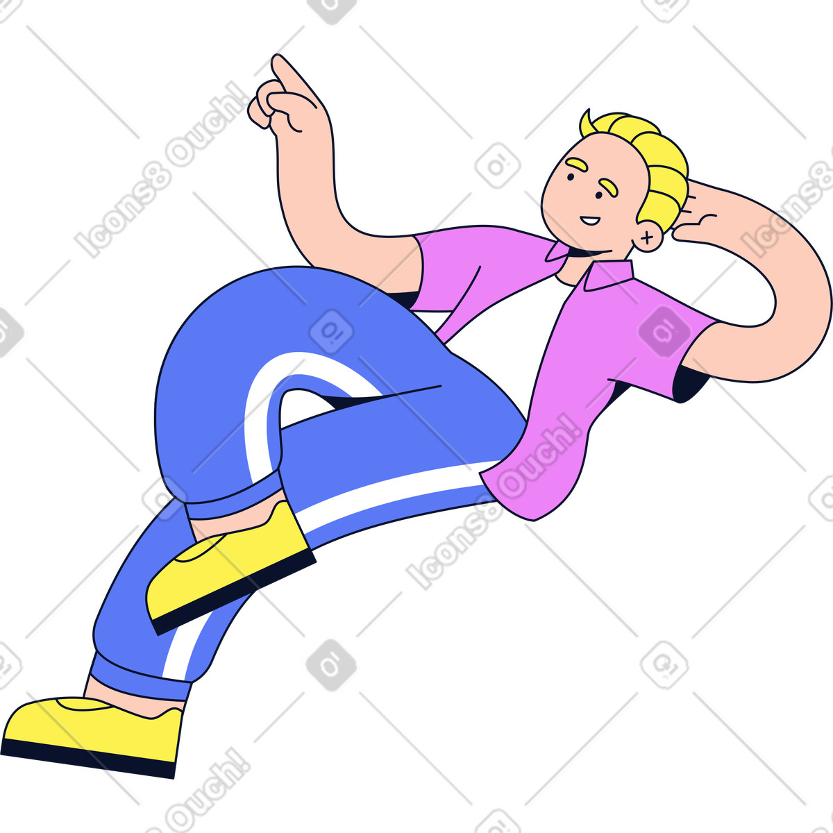 Mann liegt da und zeigt mit dem finger-Illustration im Flexy-Stil als Download in PNG, SVG