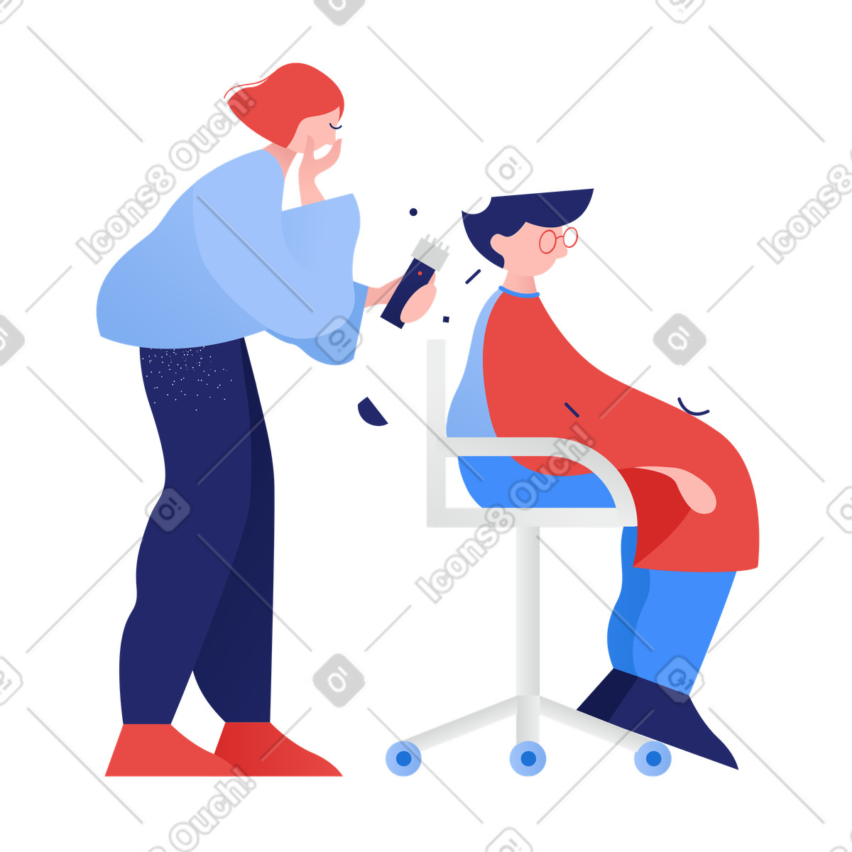 下载 Clip 风格的 女理发师不小心剪掉了客户多余的头发 插画，支持 PNG、SVG 格式