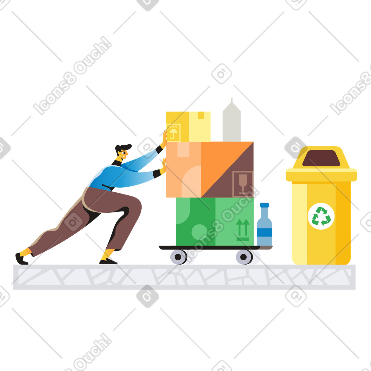 Illustration Homme apportant des déchets au bac de recyclage dans le style Jaconda à télécharger aux formats PNG, SVG