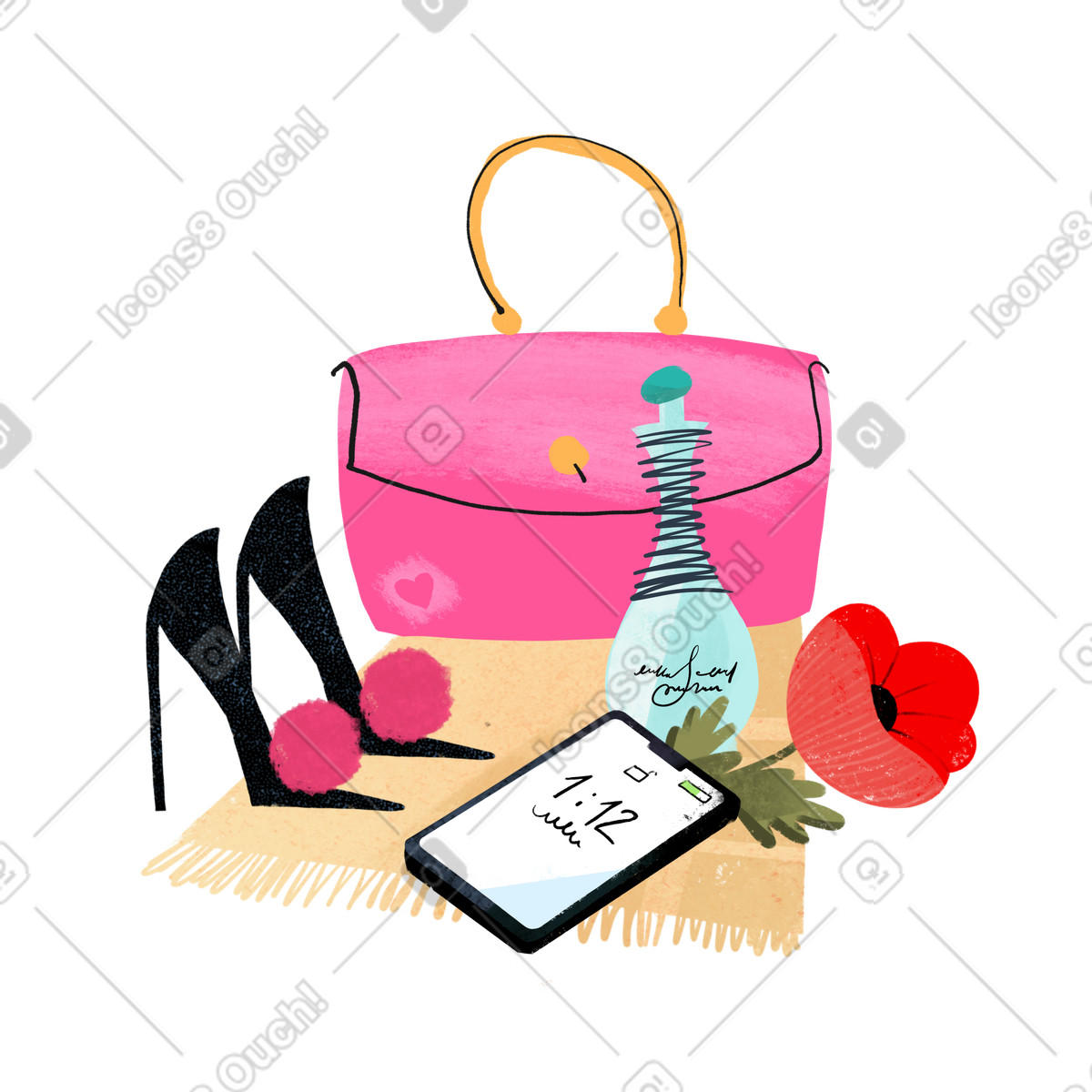 下载 Fabulous 风格的 鞋子、钱包、香水和手机 插画，支持 PNG、SVG 格式