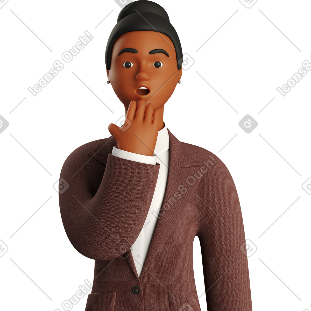 Illustration Black astonished businesswoman in brown suit dans le style 3D Business à télécharger aux formats PNG, SVG
