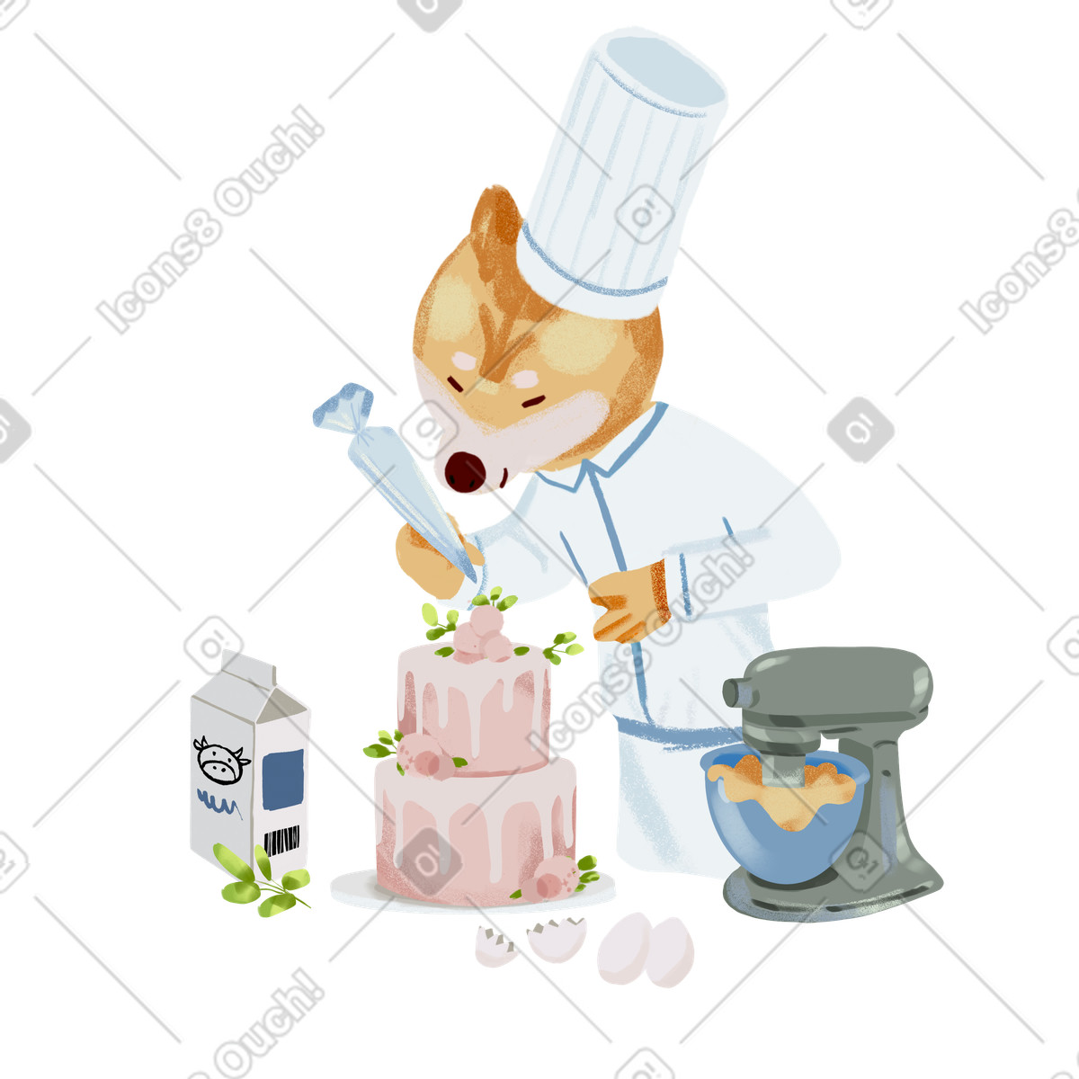 Il pasticcere che prepara una torta a tre strati illustrazione in stile Ikigai scarica in PNG, SVG