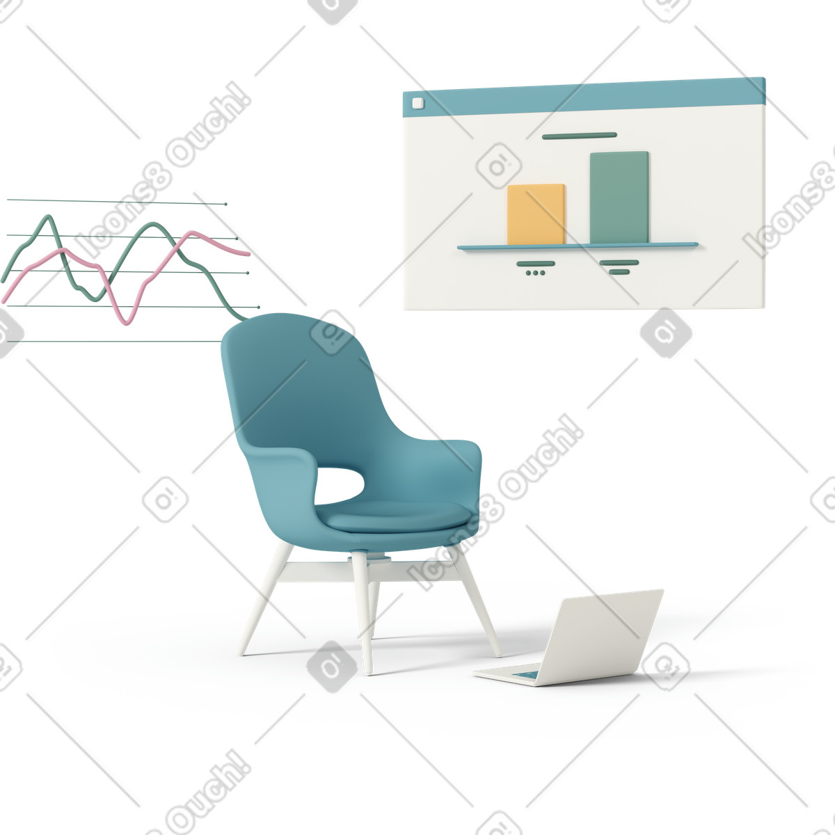 Иллюстрация Chair and laptop with statistic chart в стиле 3D Casual life — скачать в форматах PNG, SVG