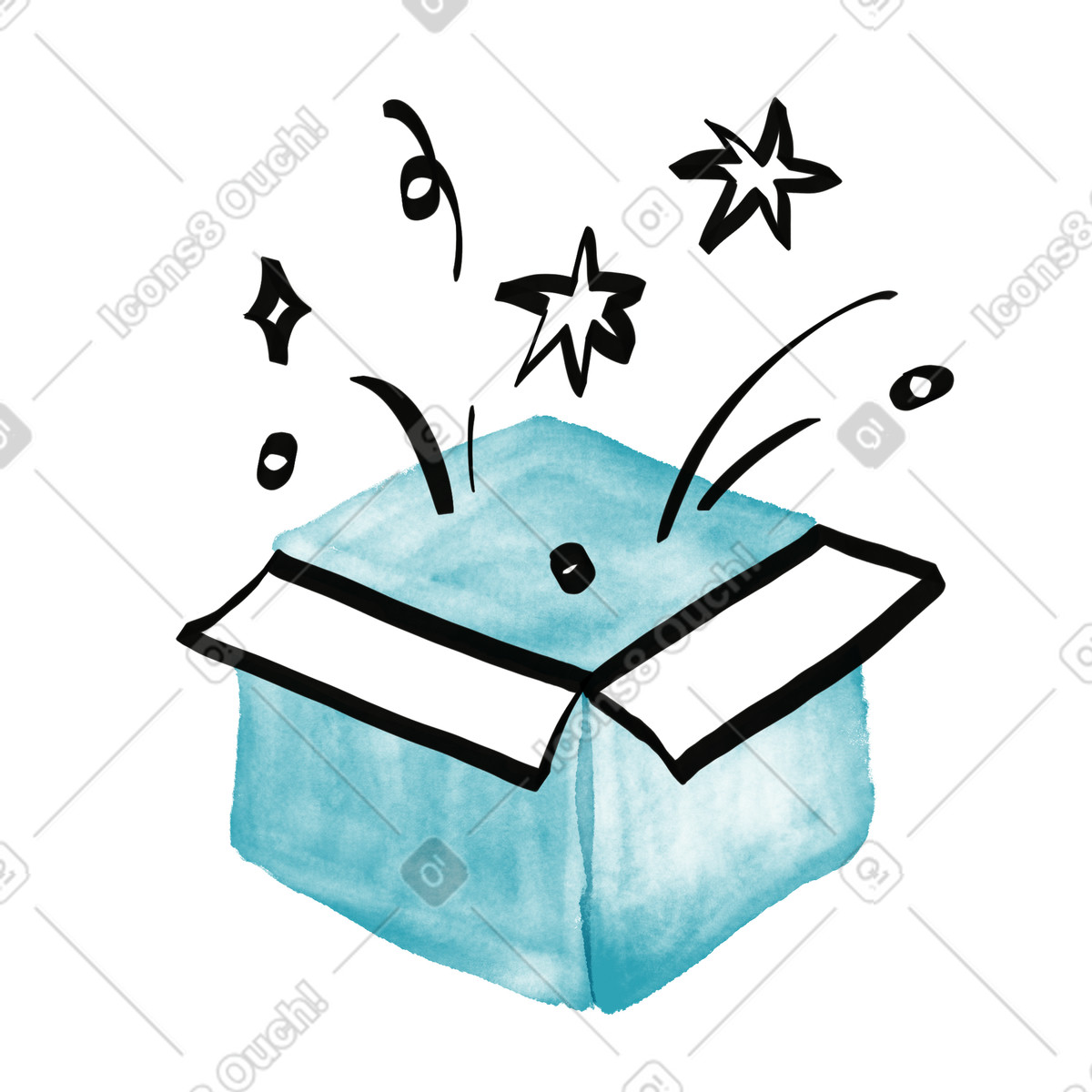 Ilustração de Box surprise with confetti bursting out and sparkling star shapes em no estilo Watercolor sketch para baixar em PNG, SVG