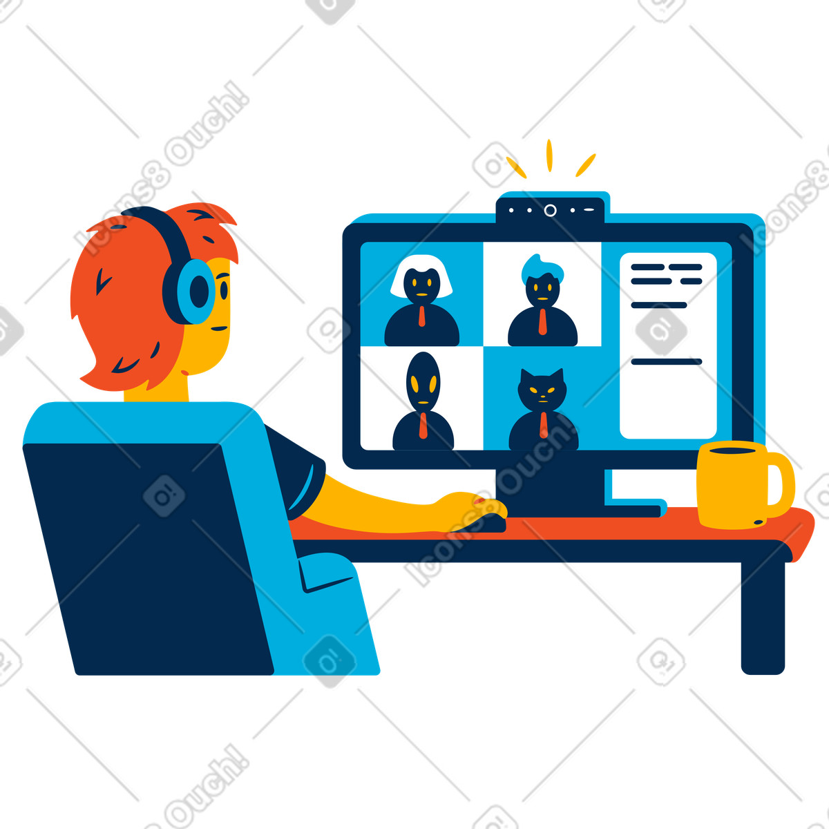 Illustration Un homme travaillant à domicile participe une vidéoconférence dans le style Flame télécharger aux formats PNG, SVG