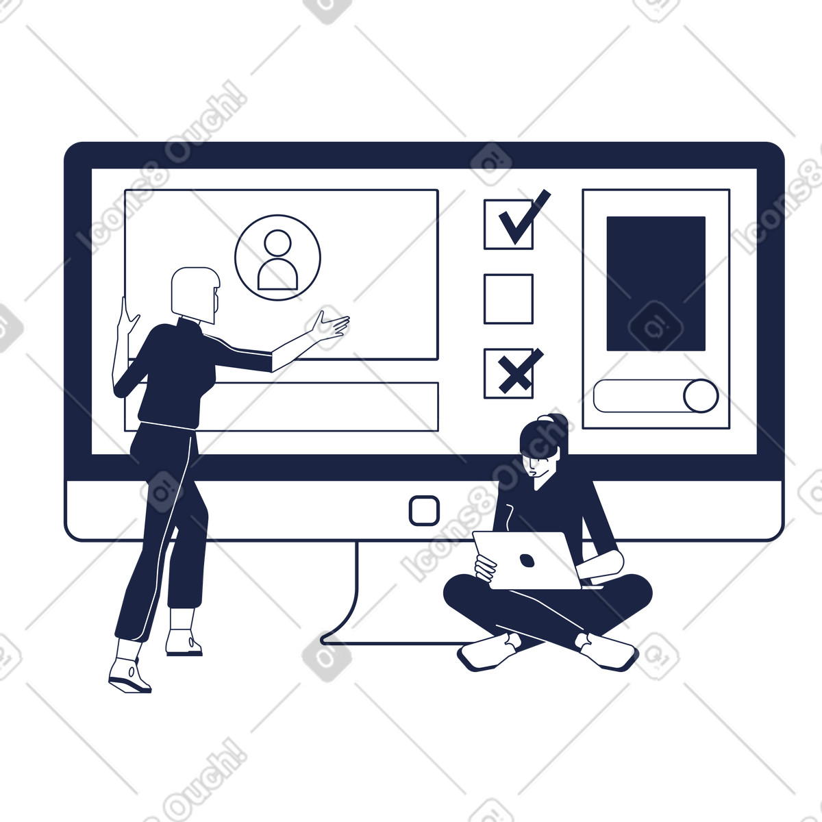 Women creating website with laptop and desktop computer illustration in Urban Line style download in PNG, SVG