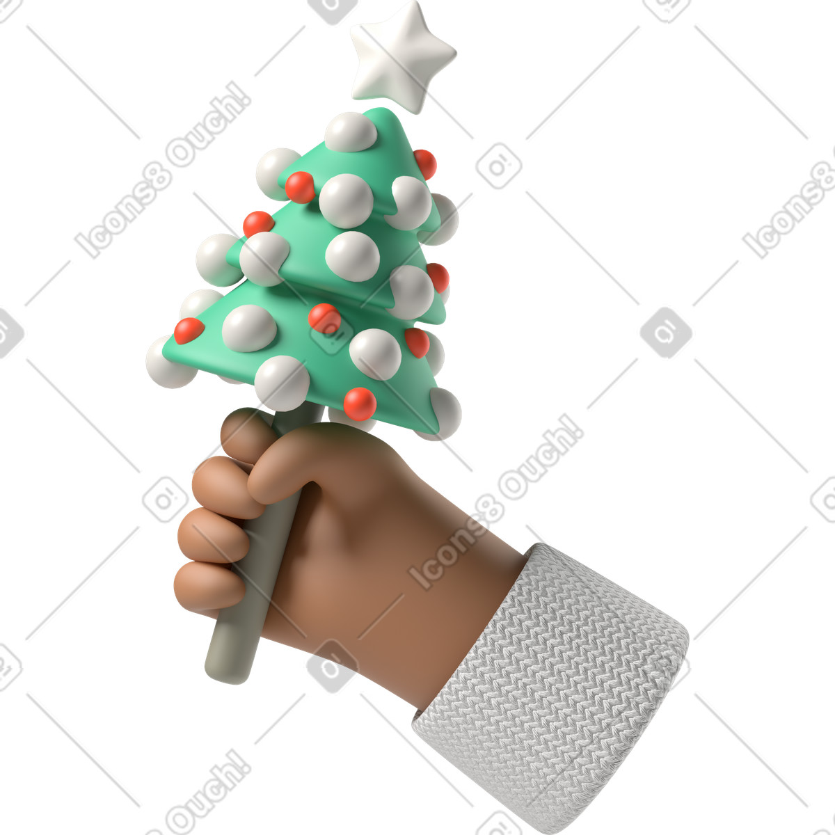 Illustration Main de peau brune tenant un petit sapin noël dans le style 3D Hands Fun&Wild à télécharger aux formats PNG, SVG
